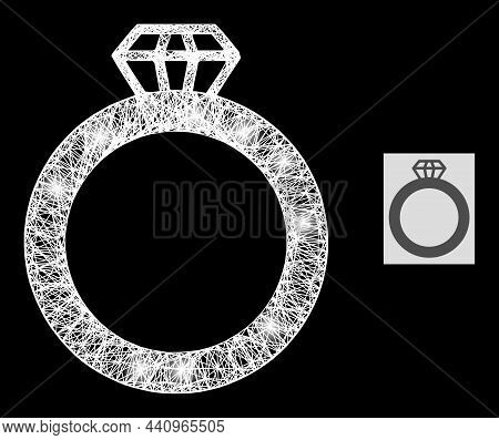 Bright Net Mesh Gem Ring With Light Spots On A Black Background. Light Vector Mesh Is Based On Gem R
