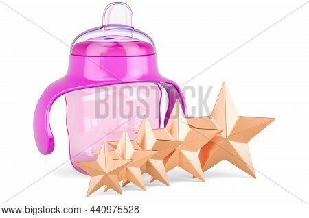 Non Spill Kids Cup With Five Golden Stars. Customer Rating Of Non-spill Cups. 3d Rendering Isolated 