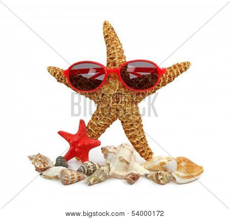  Sea star with glasses isolated on white background
