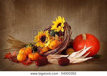 Cornucopia with pumpkins on brown background