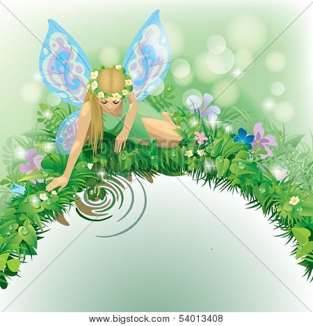 Vector illustration with a fairy girl with blue wings seated near the water bordered by plants and flowers