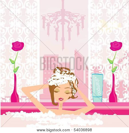 Woman Washing Hair In Bubble Bath.