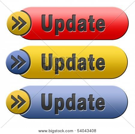 Update software now and here to the latest newest version or new edition, red yellow and blue button banner or icon