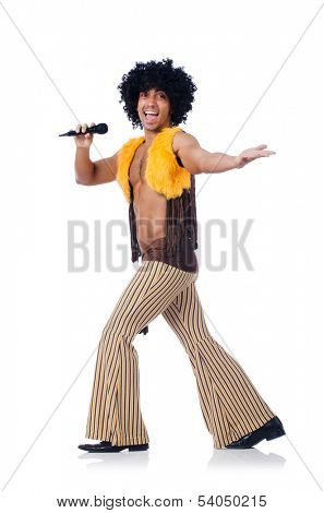 Man with afrocut and mic isolated on white