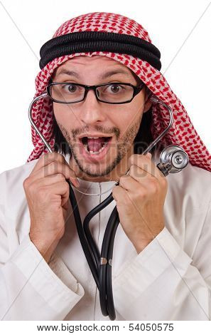 Arab doctor with stethoscope on white