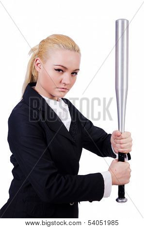 Businesswoman with baseball bat on white