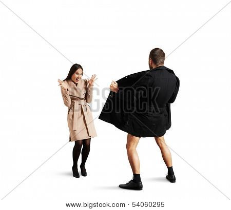 funny picture of laughing woman and exhibitionist. isolated on white background