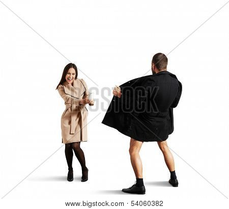 laughing woman take a picture exhibitionist. isolated on white background