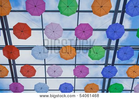 roof decorated with colored umbrellas