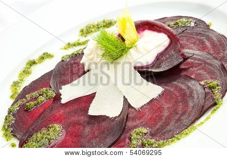 Vegetarian Beetroot Carpaccio W Goat Cheese And Pesto