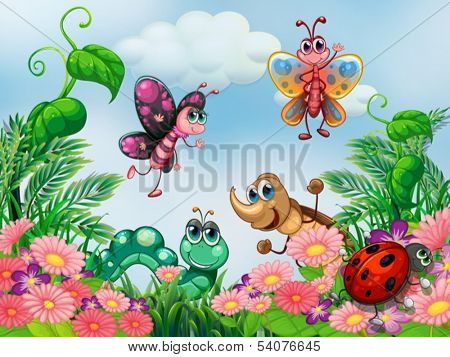 Illustration of a garden with insects