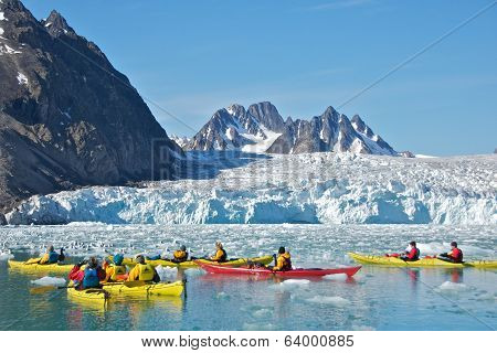 Svalbard, Norway - July 2013: Kayaking Close to Monaco Glacier in Svalbard