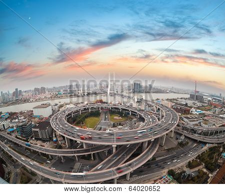 Aerial View Of Shanghai Nanpu Bridge In Sunset