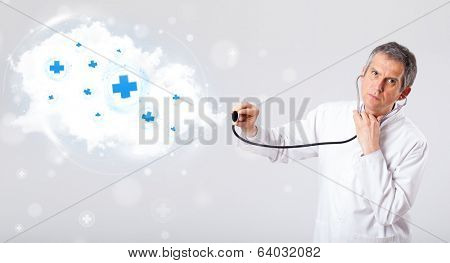 Proffesional doctor listening to abstract cloud with medical signs