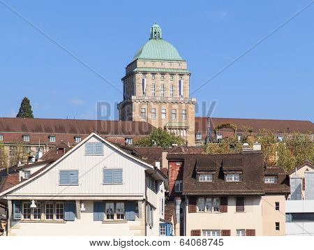 Zurich University Tower Decorated with Flags