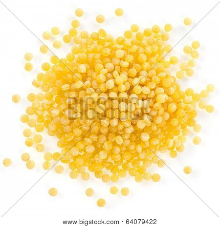 Israeli couscous pile  (Ptitim) close up isolated on white background 