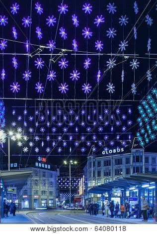 Zurich, Loewenstrasse Street Illuminated For Christmas