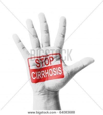 Open Hand Raised, Stop Cirrhosis Sign Painted, Multi Purpose Concept - Isolated On White Background