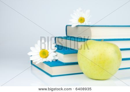 Books, Apple And White Flower