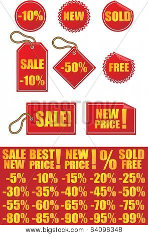Advertising labels and stickers informing of new products, sale, discount and remunerative prices.