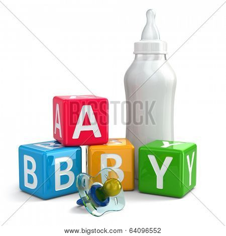 Pacifier, Milk in bottle and buzzword blocks with word baby. 3d