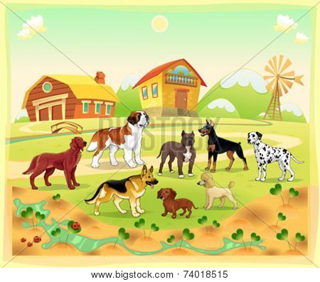 Landscape with group of dogs. Vector cartoon illustration.