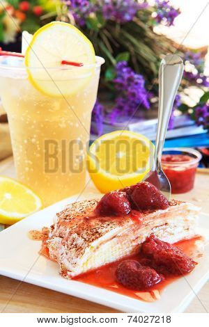 Vanilla Cheese Crepe And Strawberry Jam Topping With Cool Ginger Lemon Juice Background Ready To Eat