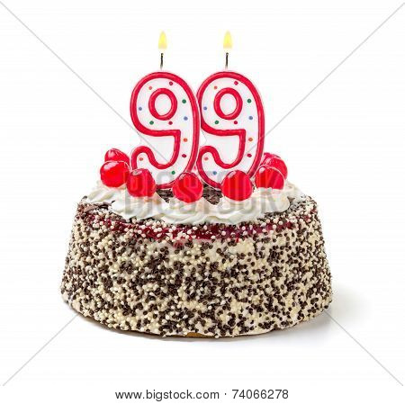 Birthday cake with burning candle number 99