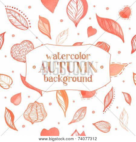 watercolor background with autumn leaves, husk and hearts