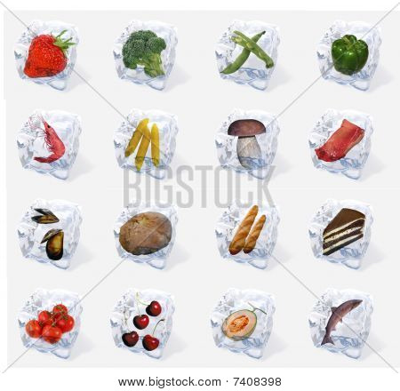 Vegetables and food frozen in ice cubes
