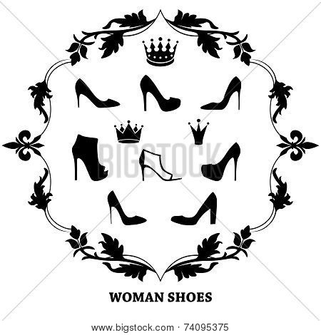 Set of woman shoes silhouettes with crowns in floral vintage frame.