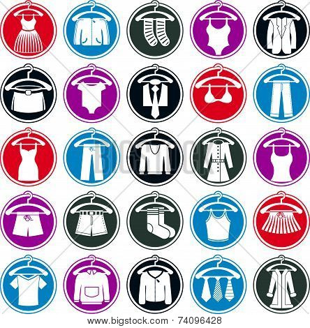 Clothes on a hangers icon set, collection of fashion symbols.