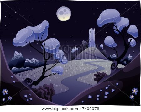 Paesaggio con torre nella notte.