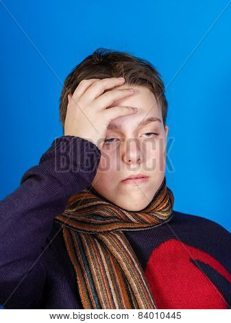 Caucasian Ill Boy Dressed With Neckscarf