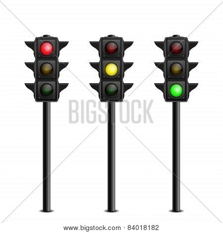 Three-dimensional full length traffic lights on white background