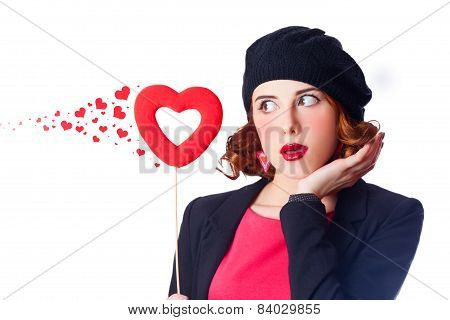 Beautiful Girl With Toy Heart And Abstract Hearts Around