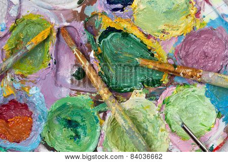 Vintage Artists Palette With Artistic Impression Art Colores And Brushes