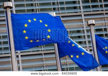 European Flags In Front Of The European Commission Building In Brussels