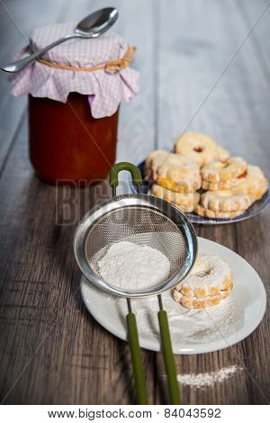 Canestrelli biscuit on wood table, vanilla cookies