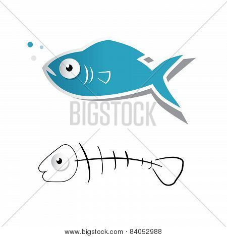 Paper Cut Fish and Fishbone Vector Illustration Isolated on White
