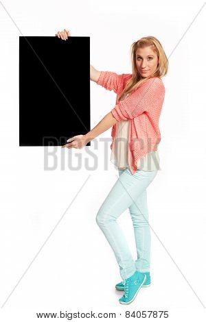 Young Woman With Black Advertising Sign