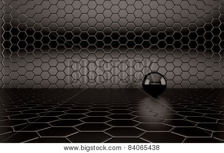 Abstract background of the black Ball on black mesh grid