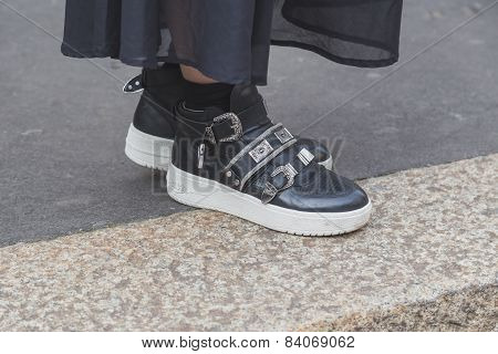Detail Of Shoes Outside Ferragamo Fashion Show Building For Milan Women's Fashion Week 2015