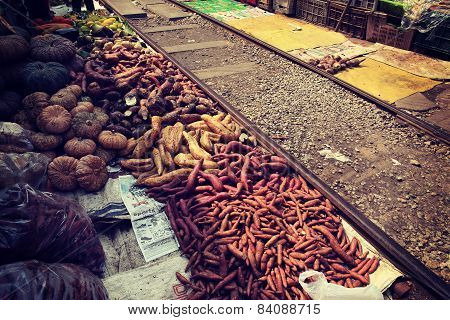 vegetable and fruits selling at maekong railway station market