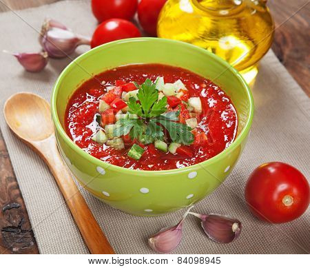 Tasty Vegetarian Gazpacho Soup On The Table
