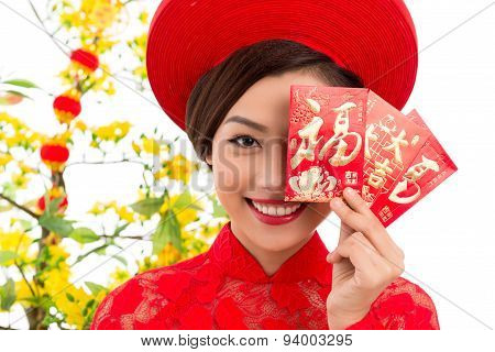 Vietnamese Woman With Tet Greeting Cards