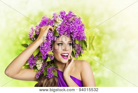Woman Lilac Flower Hairstyle. Fashion Girl Beauty Face Portrait, Model Flowers Makeup