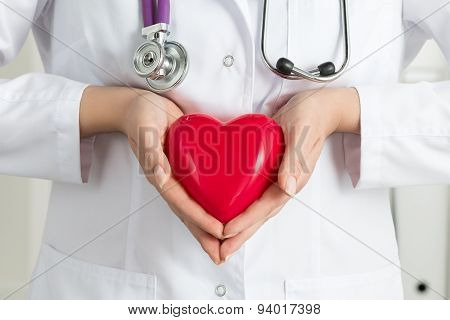 Female Doctor's Hands Holding Red Heart