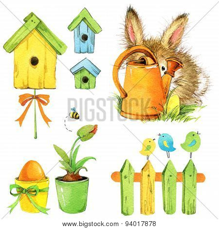 Little bunny and garden tools. watercolor