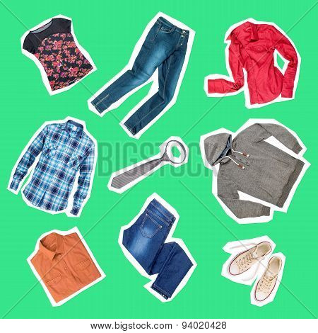 Collection Of Clothes On A Green Background